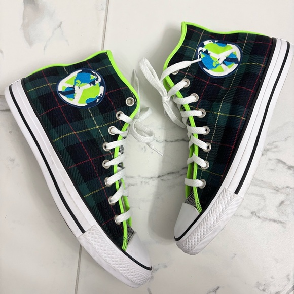 Converse Chuck Taylor All Star High World Peace Sneakers M9 W11 Plaid Green Red - Picture 5 of 7